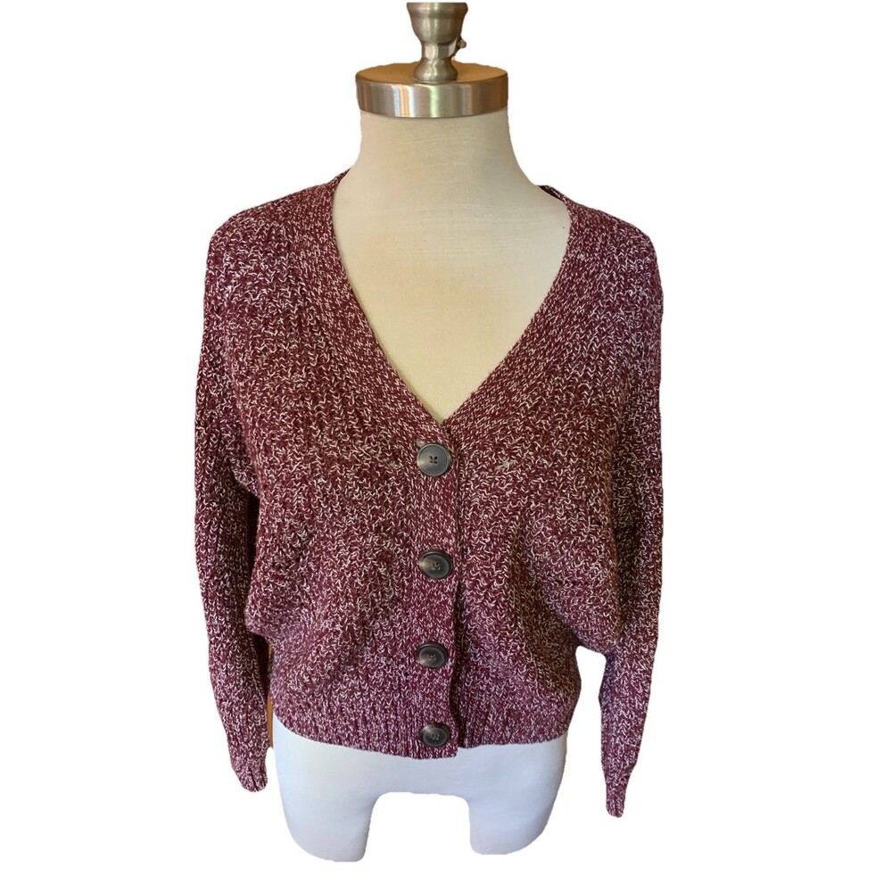 Old Navy Knit Cropped Cardigan Sweater 4 Button Chunky Purple Heather Sz Medium
